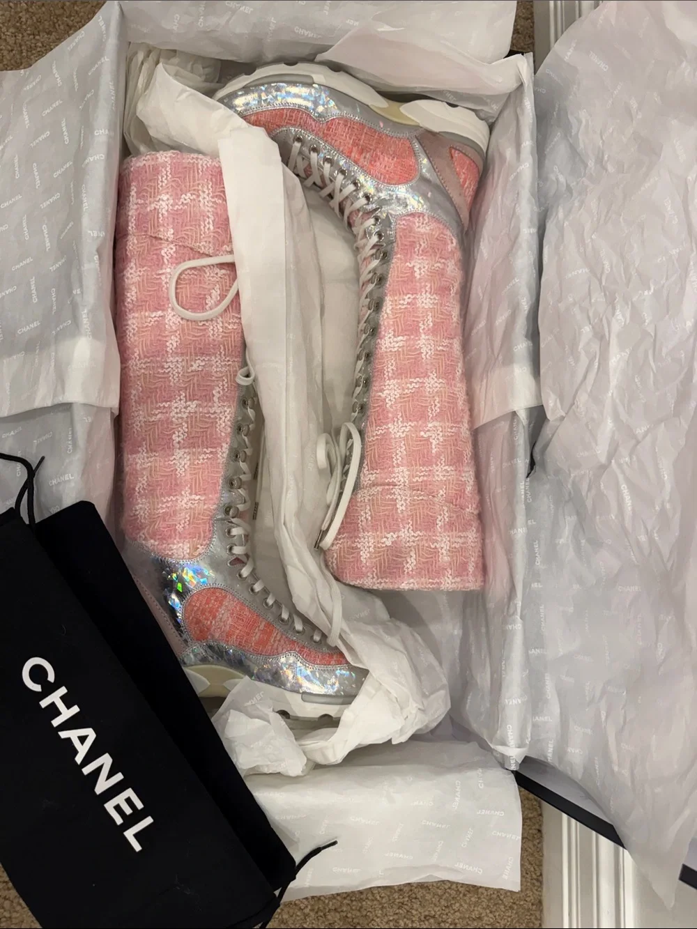CHANEL Runway 2014 Paris Supermarket Pink Tweed Knee High Boots 37 Rare